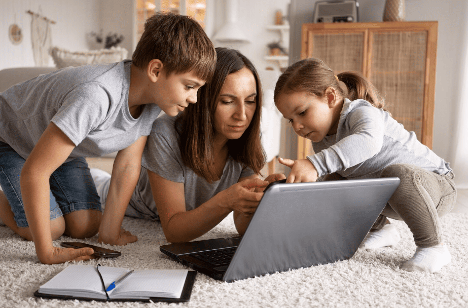 Kids and parent using tablet with safe browsing
